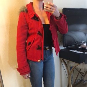 H&M red removable faux fur hooded jacket
